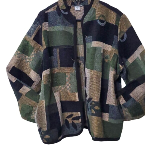 Serengeti Tapestry Colorblock Leaf Print Jacket Black Green Beige Women's 1X - Picture 3 of 5